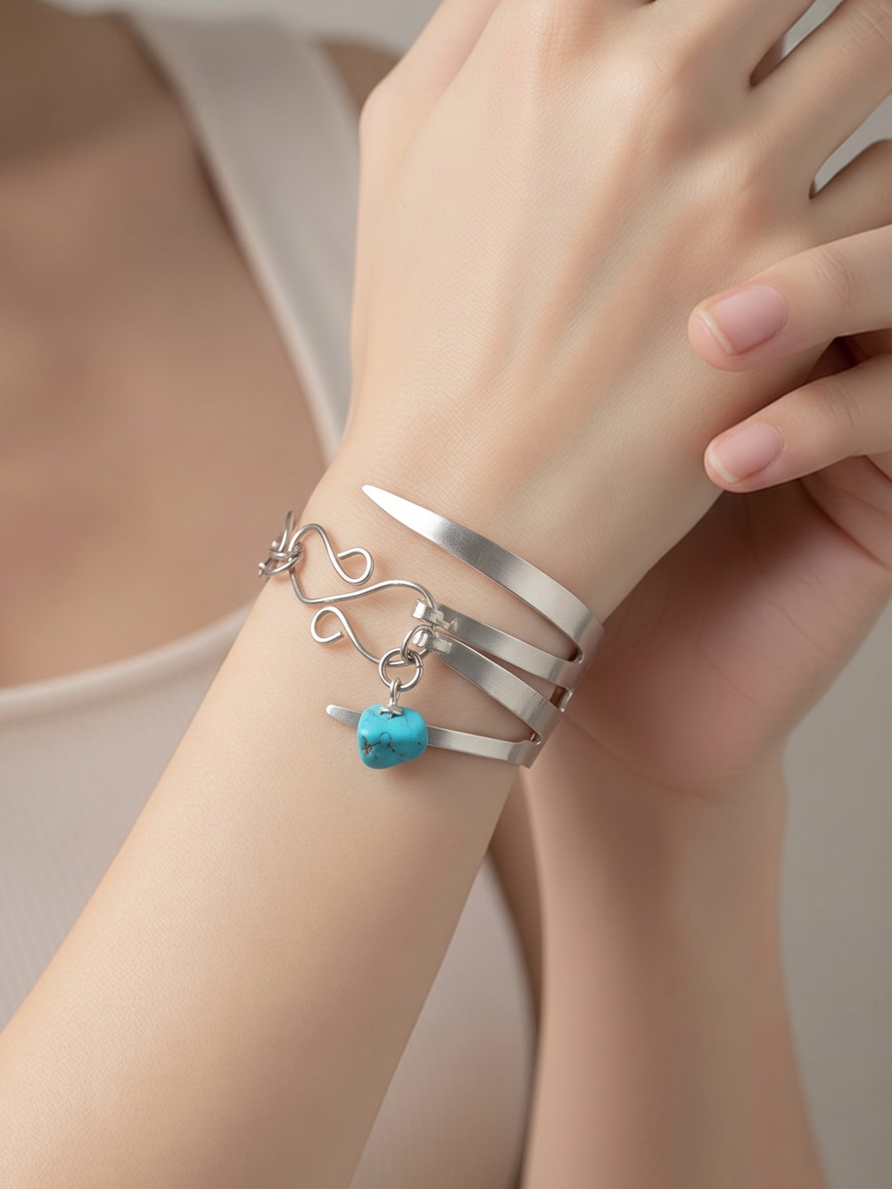 VNTG Silverware Cuff Bracelet - Hand Wrapped Stainless Steel - Turquoise Charm